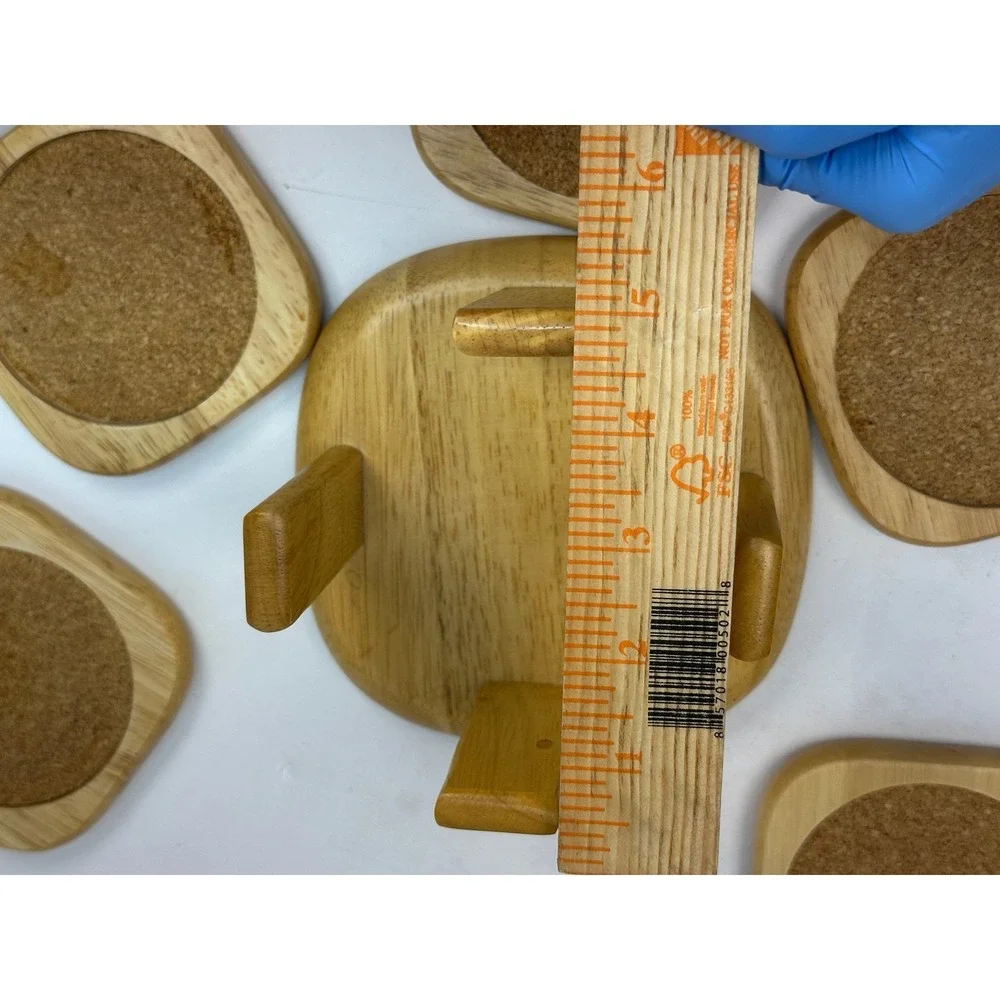 Wooden Coaster Set with Holder 6 Piece‎ Square Cork Inlay Storage Location B-2